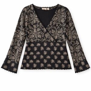 NORDSTROM Black Floral Print‎ Lace Trim Boho Bell Sleeve Blouse XL